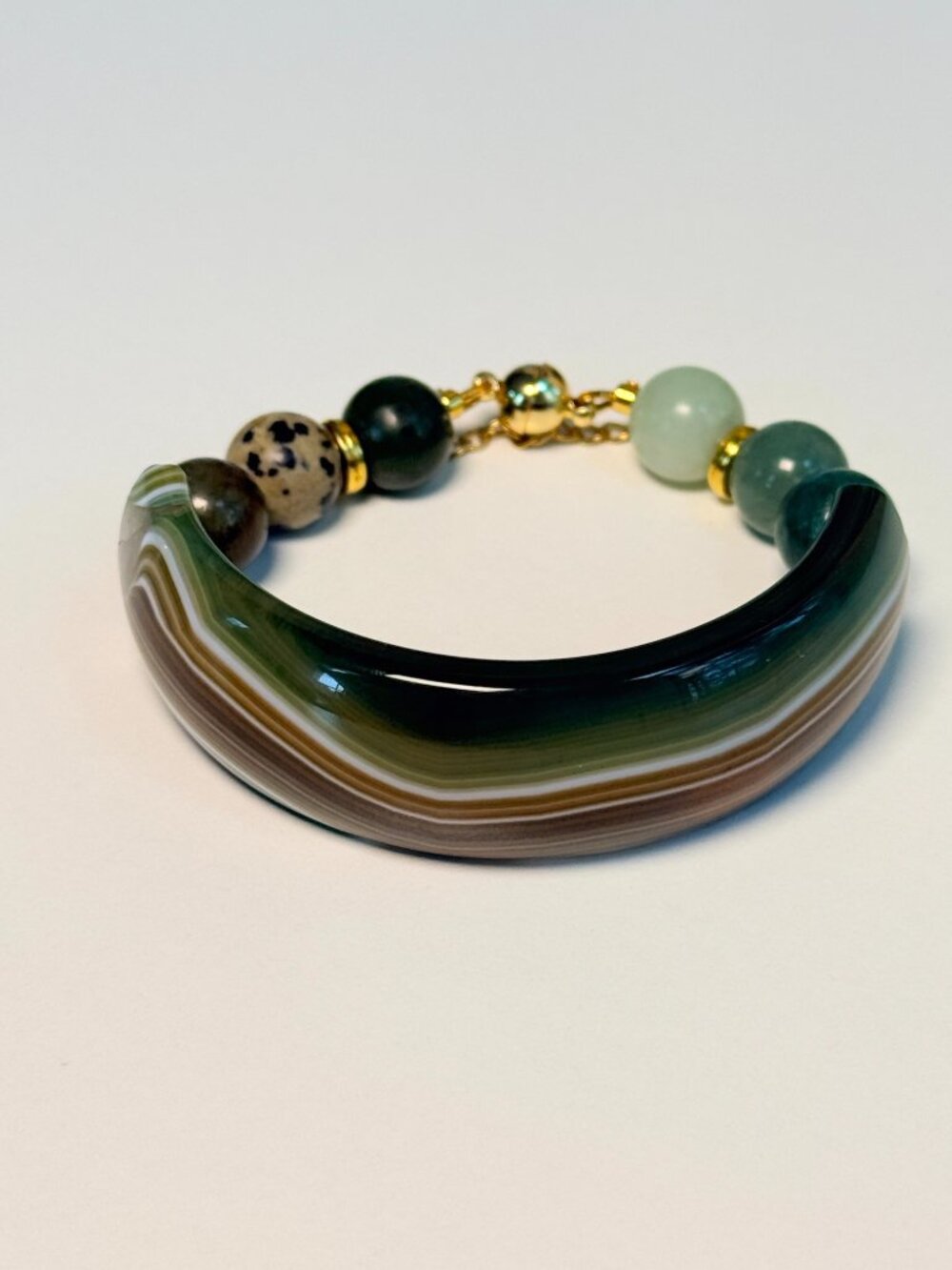 Green Banded Agate Half Bangle Bracelet Handmade Statement Jewelry